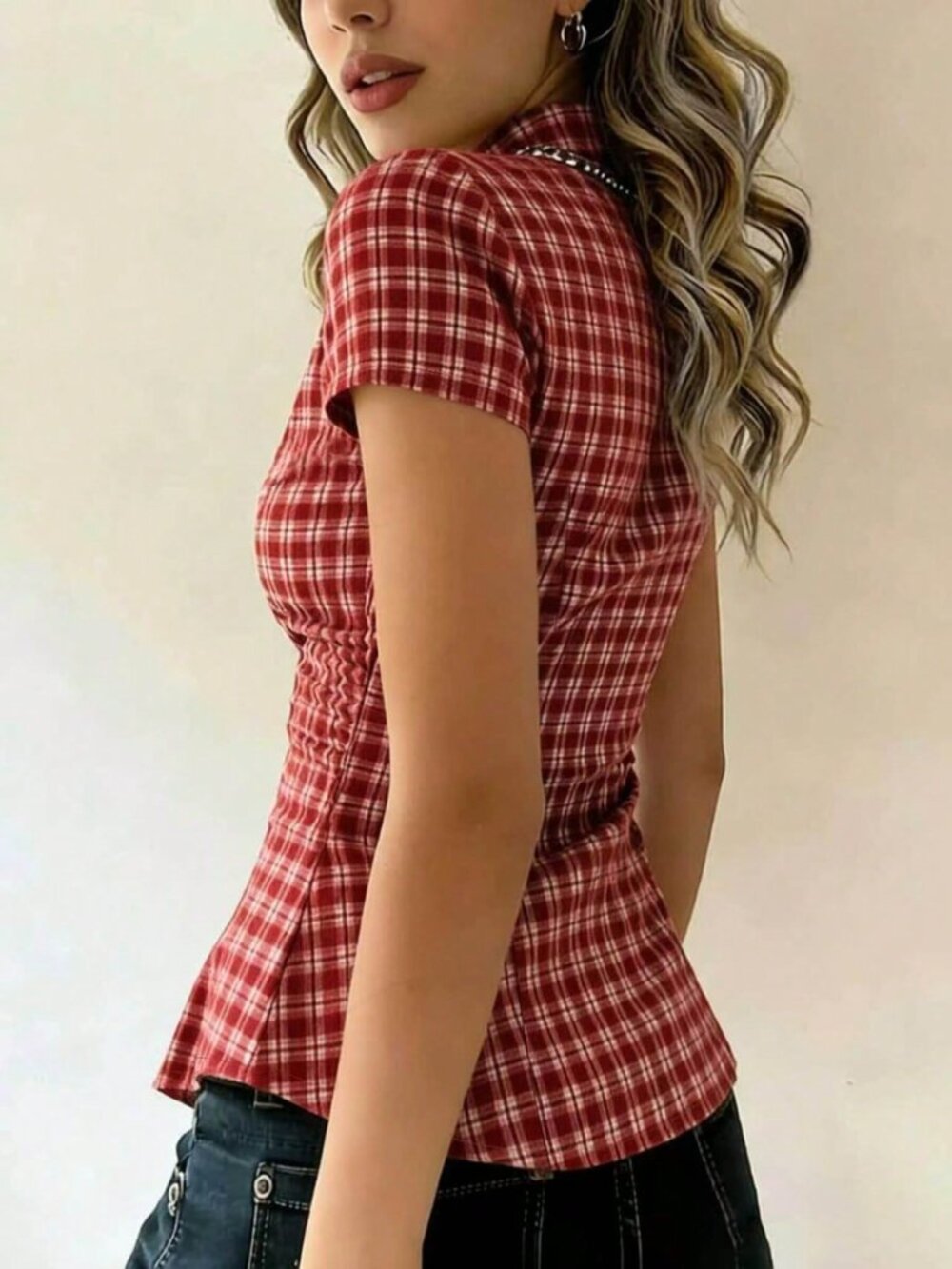 Red Casual Women's Fine Plaid Collar Short Sleeve Shirt - Picture 2 of 3